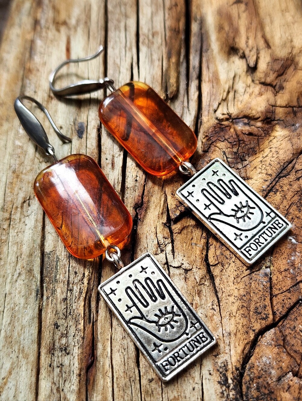 Silver Tarot Cards Resin Amber Hamsa Hand Earrings Hypoallergenic Jewelry